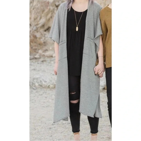 Anthropologie Roffe Boho Black & White Micro Striped Long Sweeper Cardigan - Picture 1 of 8
